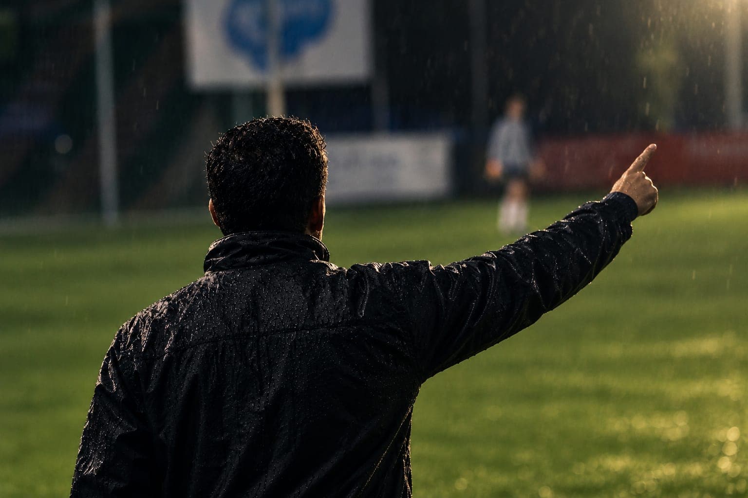 Un coach au bord du terrain, de dos, le bras tendu vers ses joueurs.