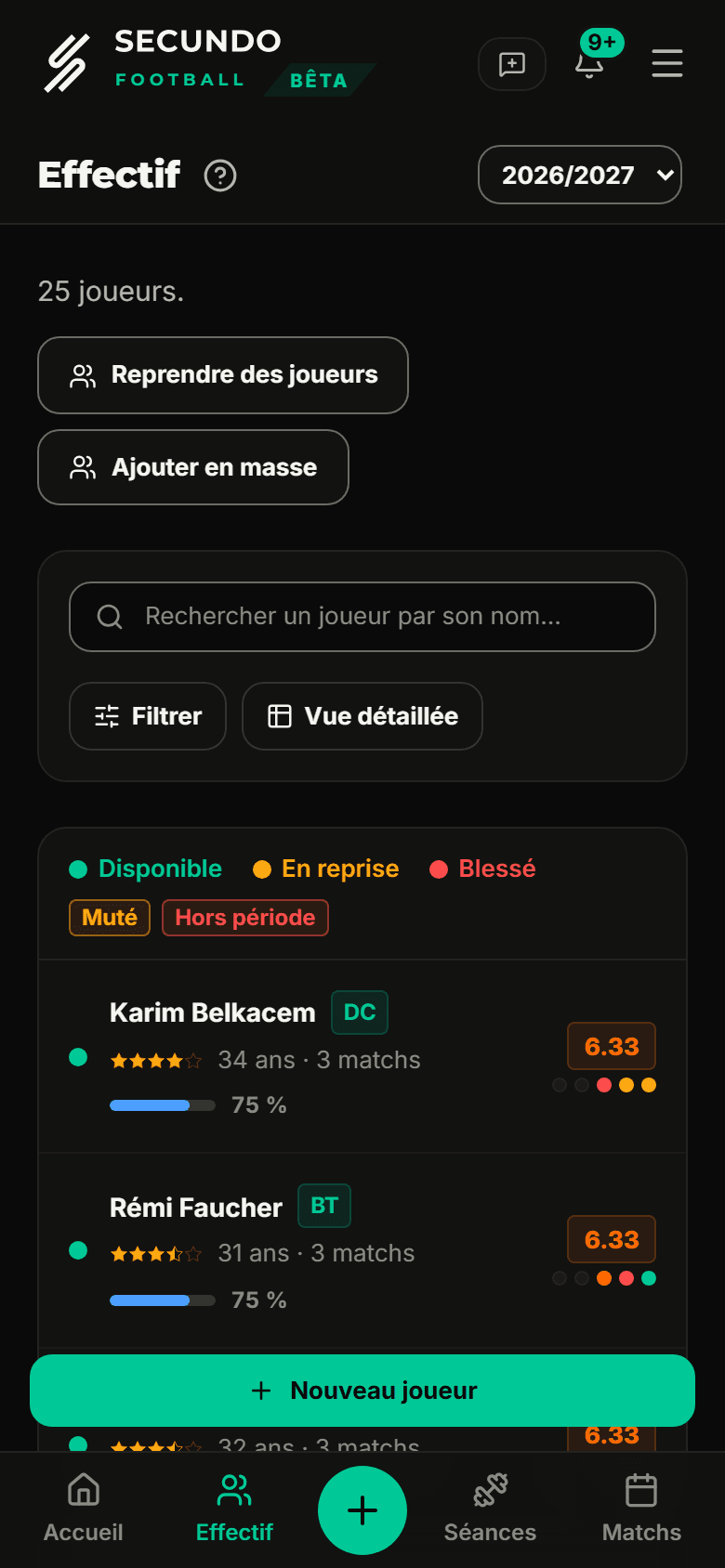 L’effectif dans Secundo, avec les postes et la disponibilité des joueurs.