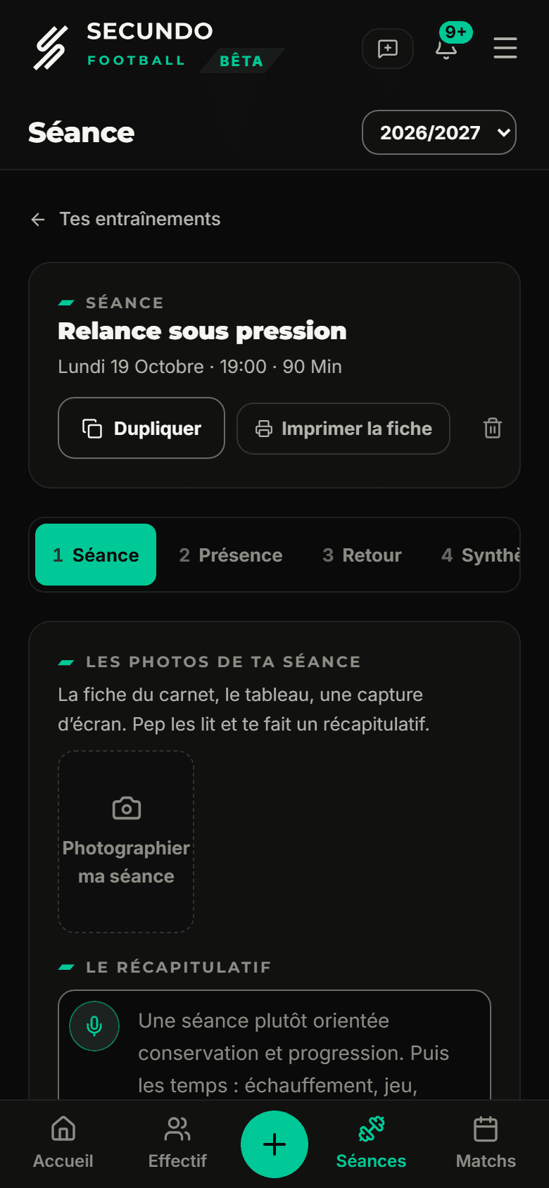Le calendrier des séances d’entraînement dans Secundo.